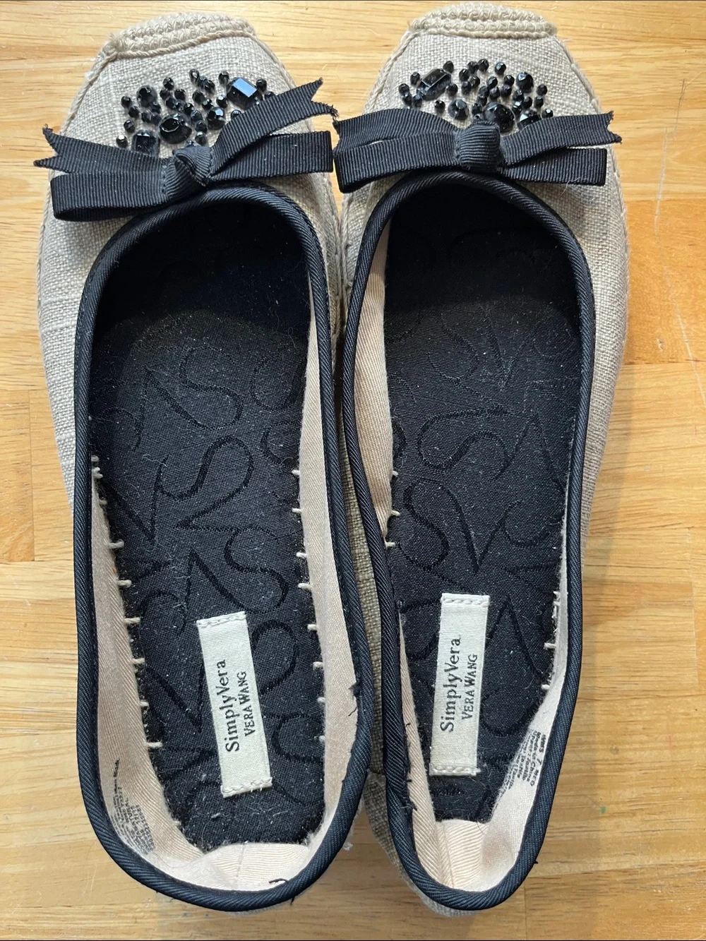 Simply Vera Vera Wang Beige Canvas Ballet Flats with Black Bow & Jeweled Accent